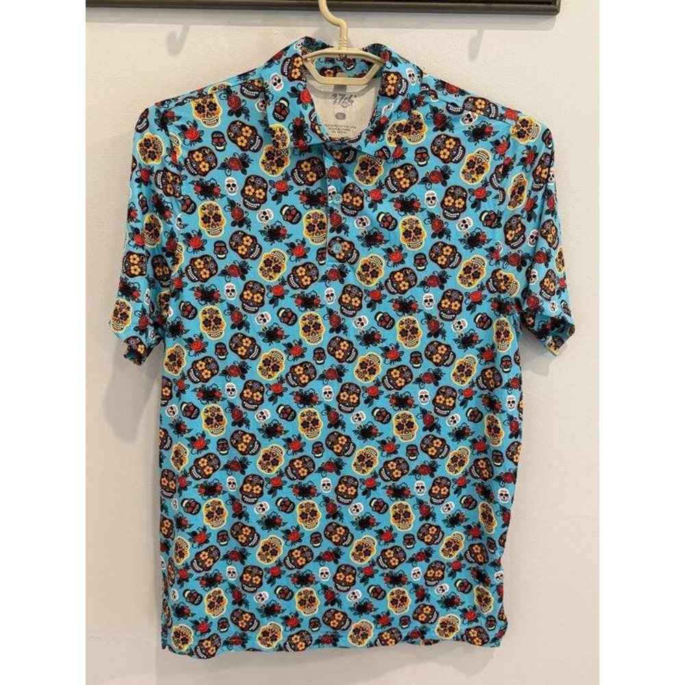 1764 Signature Mens Golf Polo Sugar Dance Skull Blue Print Polo Day of Dead M